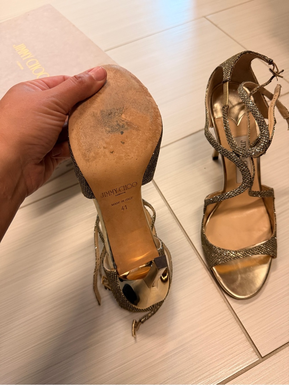 Jimmy Choo Metallic Gold Strappy High-Heel Sandals - Picture 3 of 5